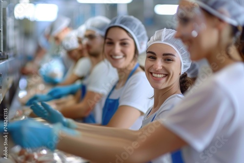 Smiling group of factory workers packaging products
