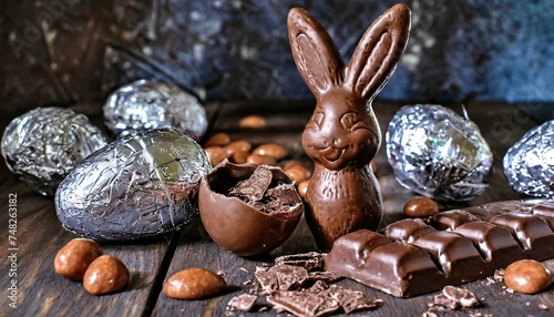 Ovos de páscoa de chocolate ( chocolate easter eggs ) e barras de chocolate. Grupo de ovos de chocolate sobre fundo de madeira. Um coelho de chocolate na composição.