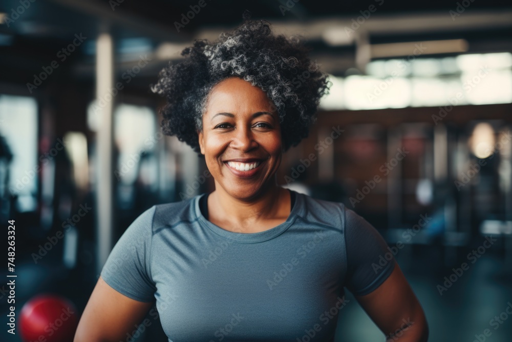 Portrait of a smiling middle aged woman in the gym - obrazy, fototapety, plakaty 