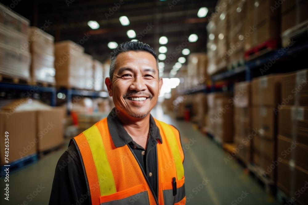 Portrait of a smiling Asian middle aged man working in warehouse