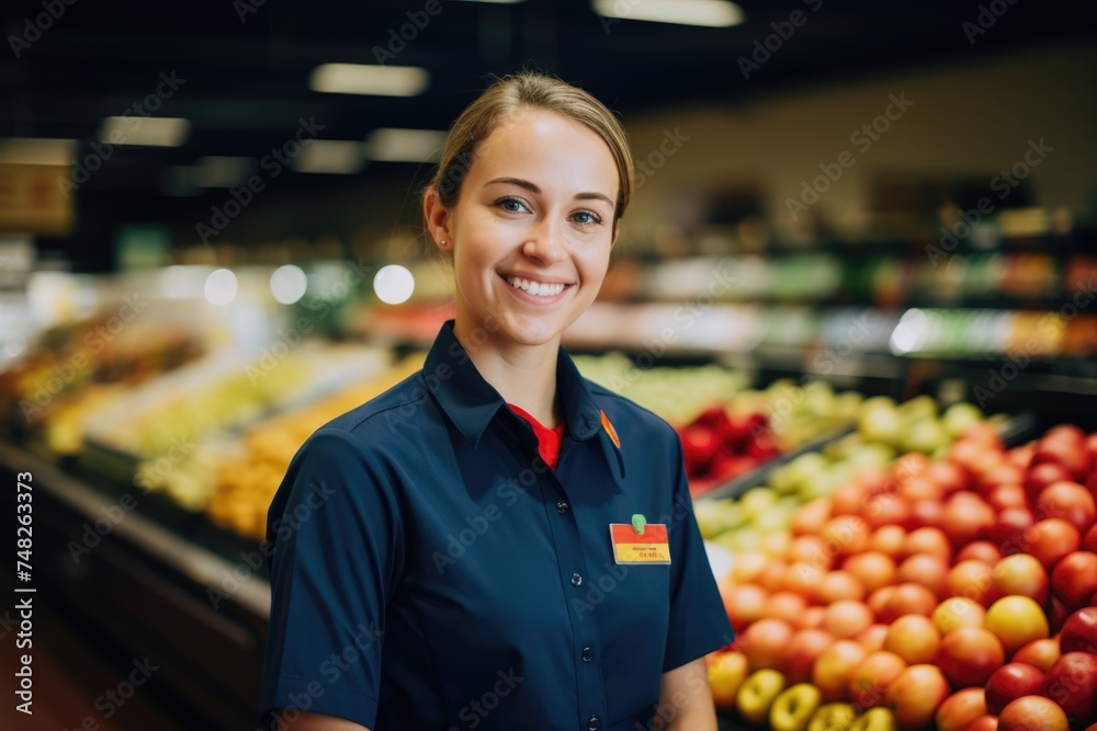 Portrait of a smiling young woman working in grocery store