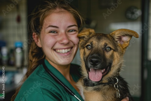 Portrait of a young female veterinarian with dog at clinic