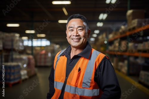 Portrait of a smiling Asian middle aged man working in warehouse