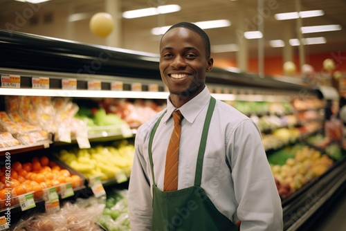 Happy male grocery store worker in uniform with fresh produce aisle in background