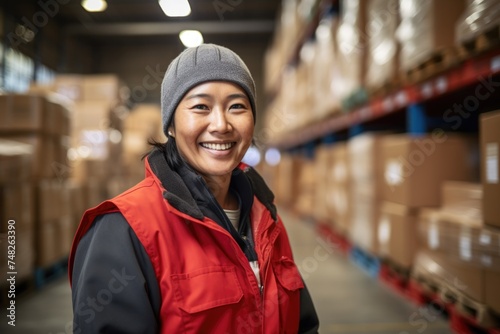 Portrait of a smiling middle aged asian female warehouse worker