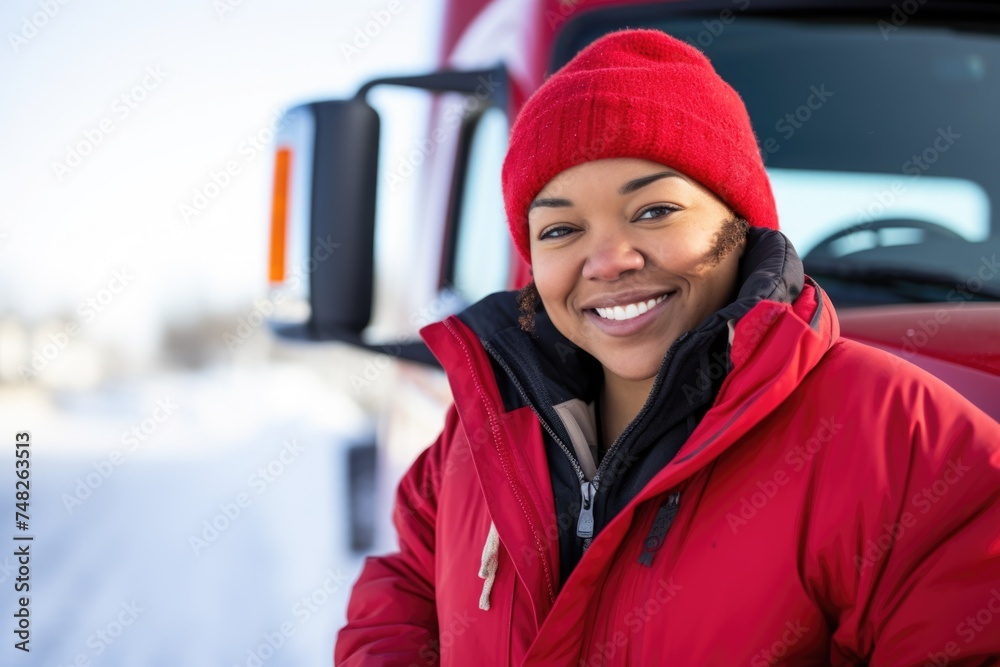 Portrait of a smiling female truck driver in front of truck during winter Portrait of a smiling female truck driver in front of truck during winter