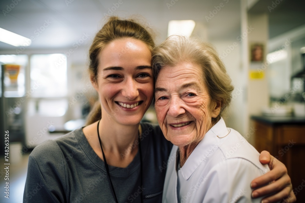 Portrait of a young female caregiver with senior patient at home Portrait of a young female caregiver with senior patient at home