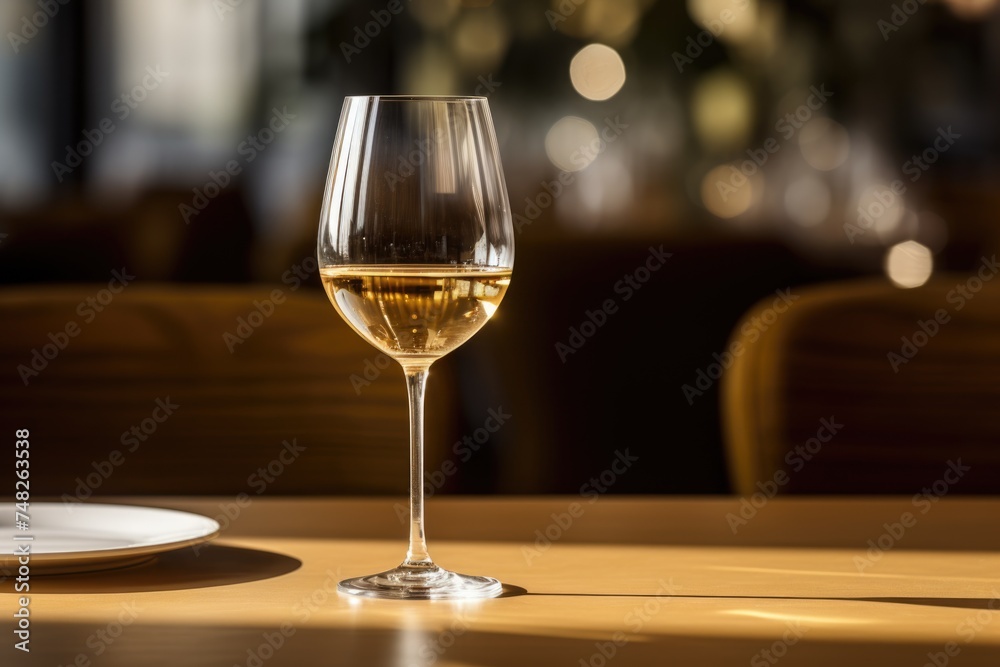 Elegant white wine in a glass on the table Elegant white wine in a glass on the table