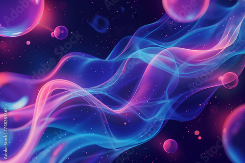 Background image of glowing bubbles and liquid with neon inserts © Viktoriia