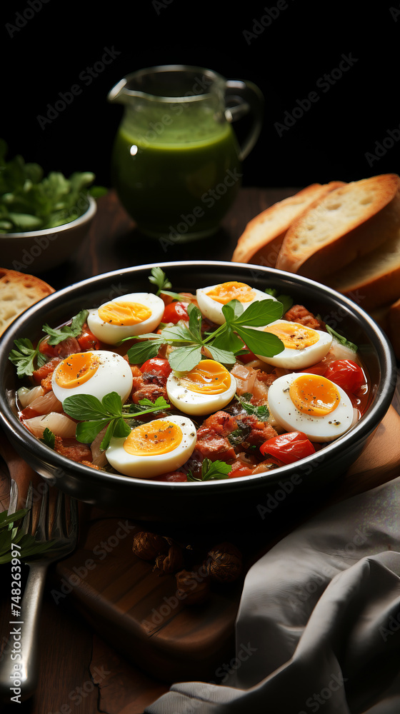 Vegetable stew with tomatoes and boiled eggs.