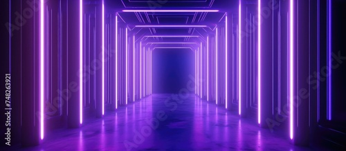 A long hallway is illuminated by vibrant purple neon lights, creating a futuristic and visually striking atmosphere. The lights cast a violet glow,