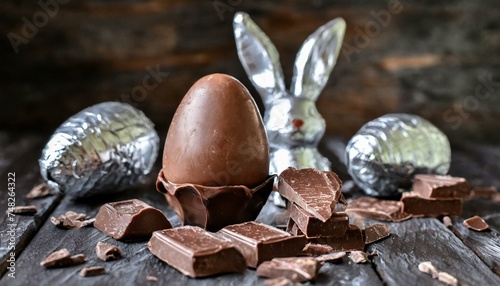 Ovos de páscoa de chocolate ( chocolate easter eggs ) e barras de chocolate. Grupo de ovos de chocolate sobre fundo de madeira.  Um coelho de chocolate na composição. photo