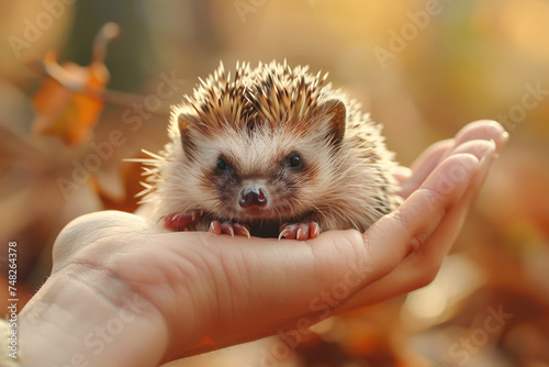 A tiny hedgehog with brown spikes and a cute nose snuggling in a human hand.