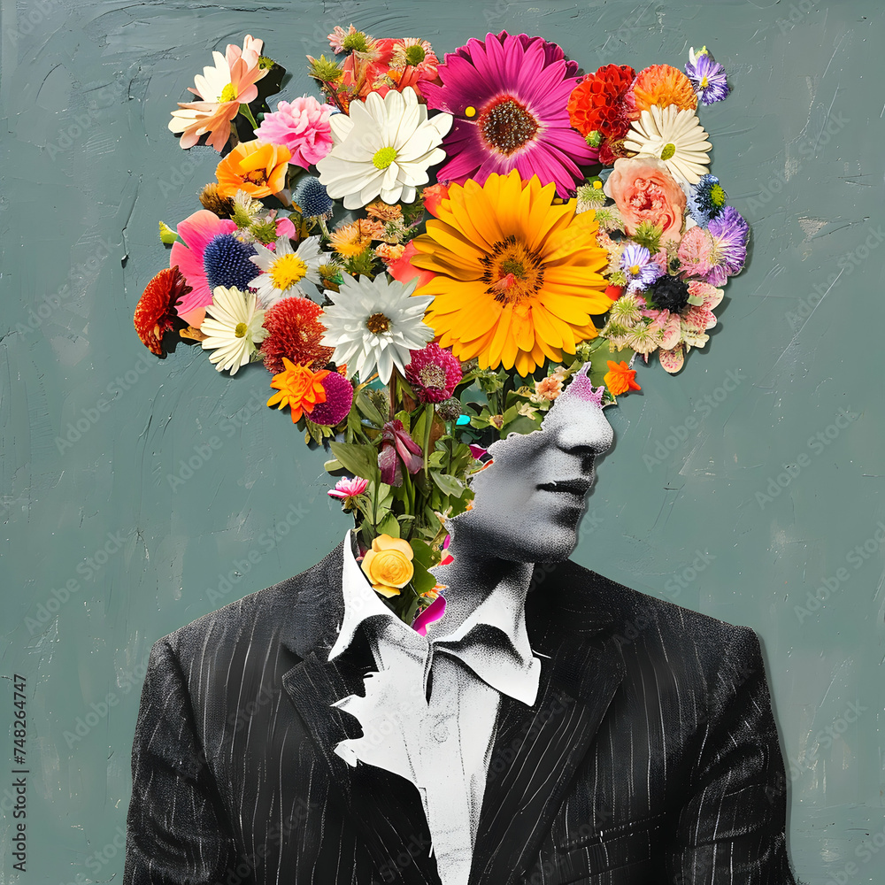 Happy spring background with Abstract art collage of young man with flowers bouquet on his face