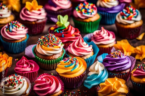 cupcakes with cream and sprinkles, Indulge your sweet tooth with a tantalizing close-up of a delicious cupcake, adorned with colorful frosting and sprinkles, a feast for the eyes and the taste buds al