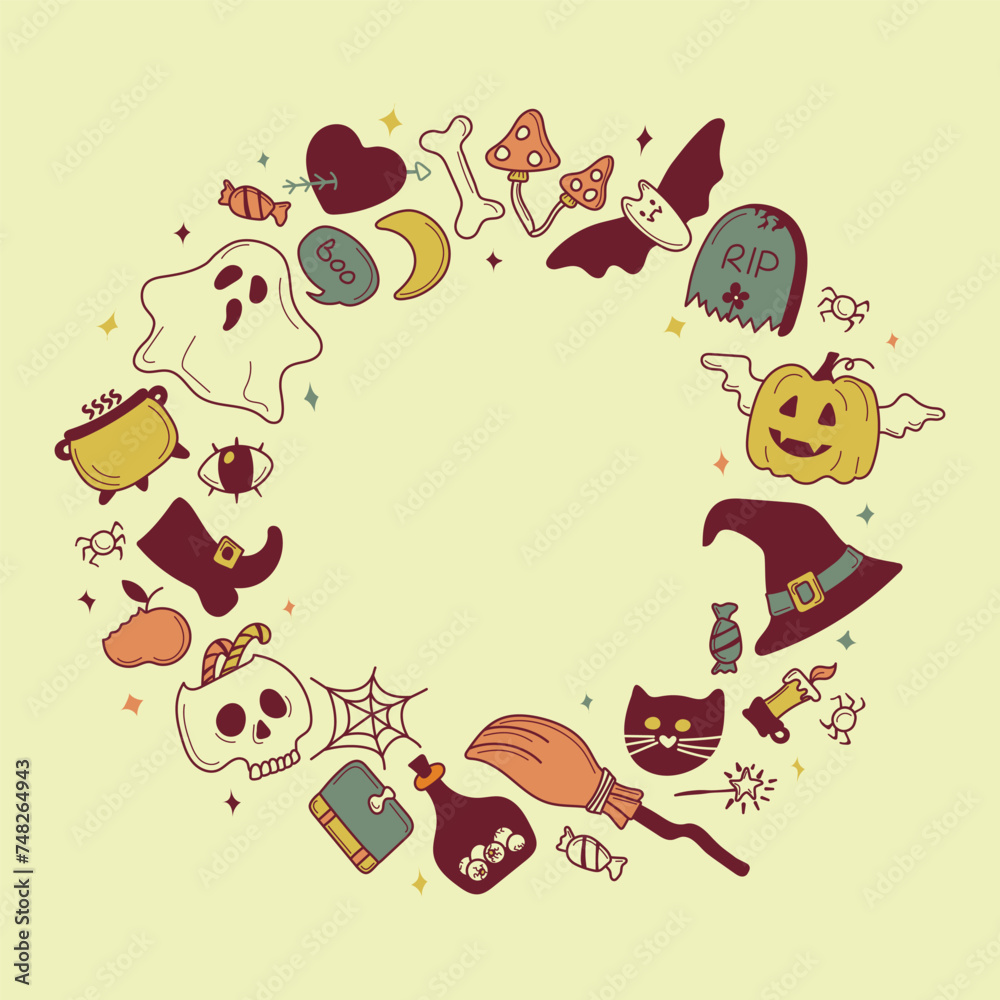 Square frame from bright cool elements for Halloween. Pumpkin, Skull, Ghost, Gravestone, Spider, Candy, Broom, Hat, Eye, Potion and more. Happy holiday. Great for postcards, advertising banners. Square frame from bright cool elements for Halloween. Pumpkin, Skull, Ghost, Gravestone, Spider, Candy, Broom, Hat, Eye, Potion and more. Happy holiday. Great for postcards, advertising banners.