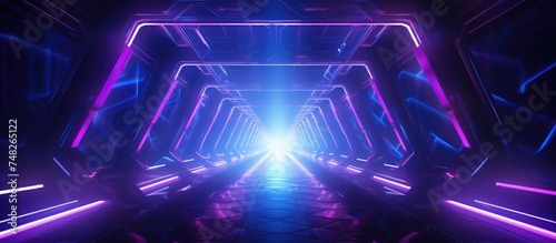A tunnel with neon lights glowing in shades of purple and blue, creating a futuristic and vibrant atmosphere.