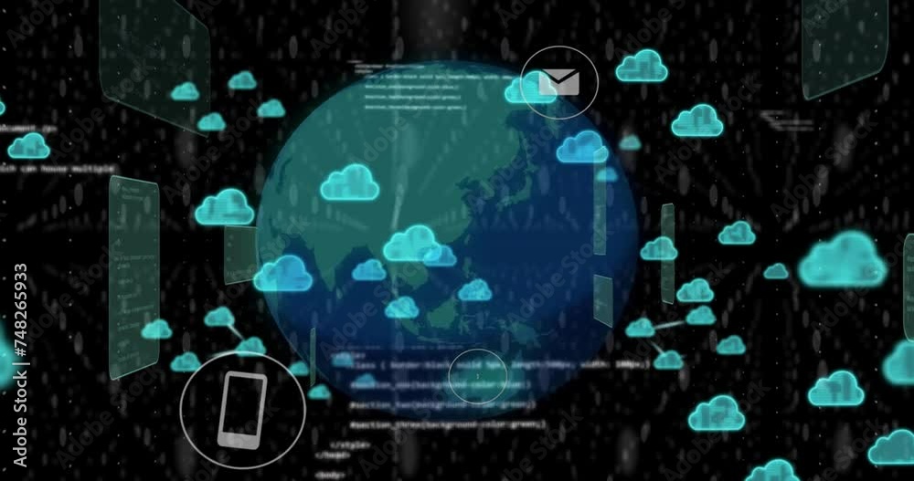 Animation of globe and processing data with cloud icons transferring data on black background Animation of globe and processing data with cloud icons transferring data on black background