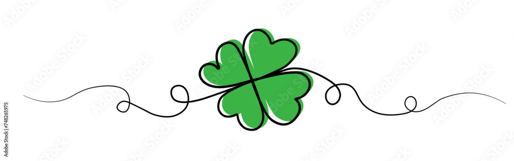Saint Patrick Day border with continuous line drawing of four-leaved clover good luck symbol on transparent background.  Vector illustration 