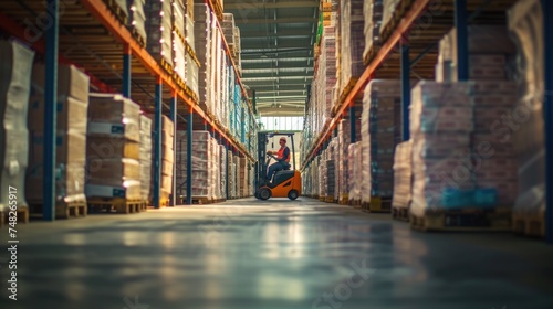 A man operates a forklift in a warehouse, transporting goods amidst shelves of building materials and wooden flooring. AIG41