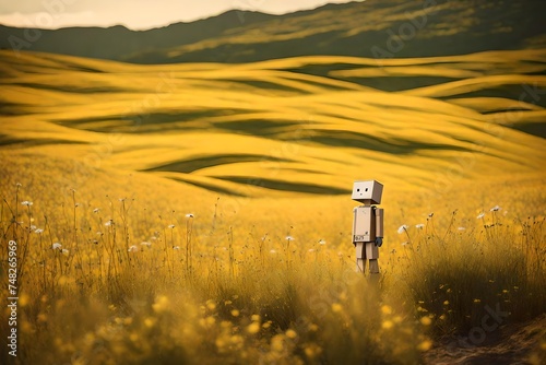reboot in a field, Encounter a small wooden toy robot named Danbo, standing alone in a vast expanse of nature, its solitary figure evoking a sense of melancholy and introspection photo