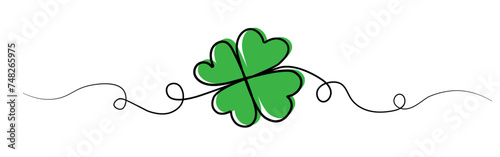 Saint Patrick Day border with continuous line drawing of four-leaved clover good luck symbol on transparent background.  Vector illustration 
