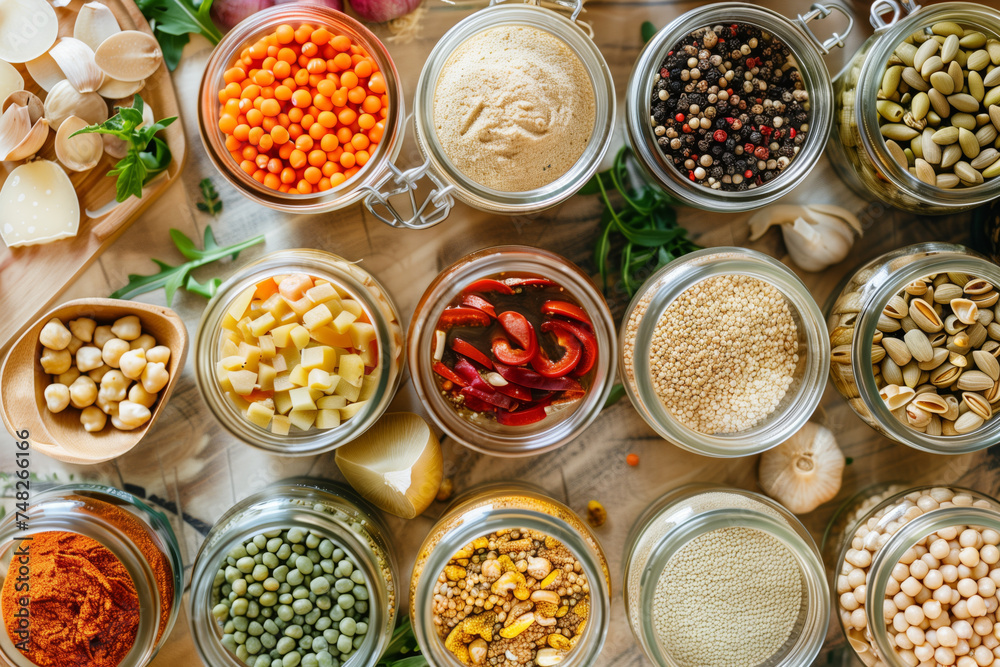 healthy food, cuisine, spices on the table in jars, close-up healthy food, cuisine, spices on the table in jars, close-up