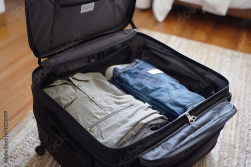 an open travel suitcase on the bed, packed for the trip, shirts and trousers