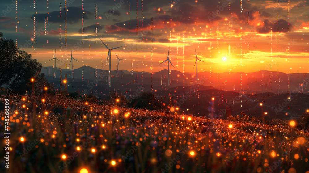 Digital Green Energy: Wind Turbines at Sunset