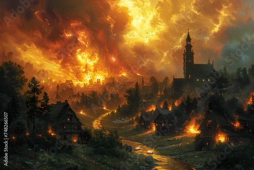 A vintage painting of an Easter fire overlooking a countryside village. © Hustle Organisation