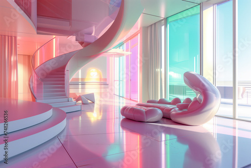 AI Generated Image. Surreal futuristic interior with pastel pink design elements photo