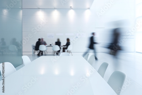 AI Generated Image. White modern conference room with big desk and motion blurred business people photo