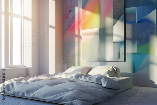 AI Generated Image. Modern loft bedroom interior with cubism decorated wall and comfortable double bed photo