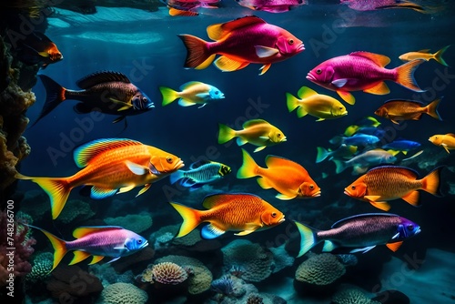 fishes in aquarium, Immerse yourself in the mesmerizing beauty of colorful fish as they glide gracefully against a velvety black backdrop, their vibrant hues shimmering like jewels in the dark