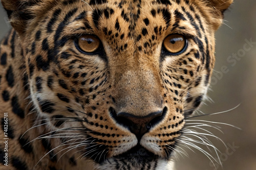 Up close and personal with perfect leopard in natural habitat. Showcasing fierce and beautiful gaze as wild predator in exotic natural world. Animal themes wildlife concept. Copy ad text space. Gen Ai © Alex Vog