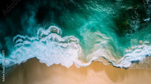 Generative AI illustration of background drone view ocean breaks on shore photo