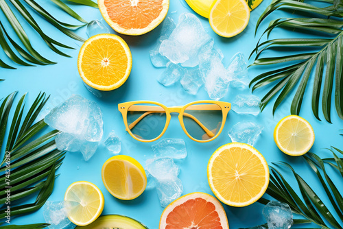 Generative AI illustration of vibrant summer themed backdrop featuring citrus fruits, ice cubes, and sunglasses, evoking a refreshing tropical atmosphere