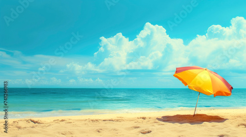 Generative AI illustration of tranquil beach setting with a vibrant yellow and orange umbrella against a backdrop of blue skies and fluffy clouds