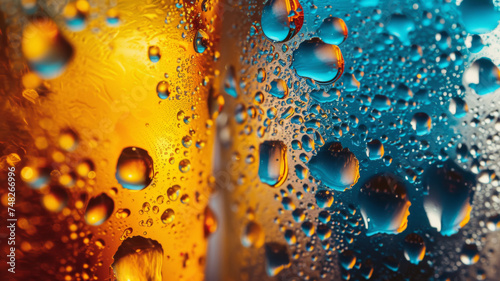 Saturated Beer Glass, Colorful Droplets in Dark Orange