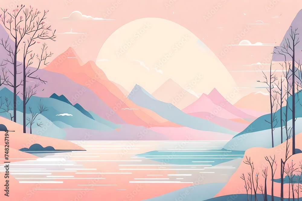 sunset on the sea, Immerse yourself in the serene beauty of an aesthetic wallpaper pastel background illustration, where every brushstroke whispers of delicate minimalism and dreamy serenity