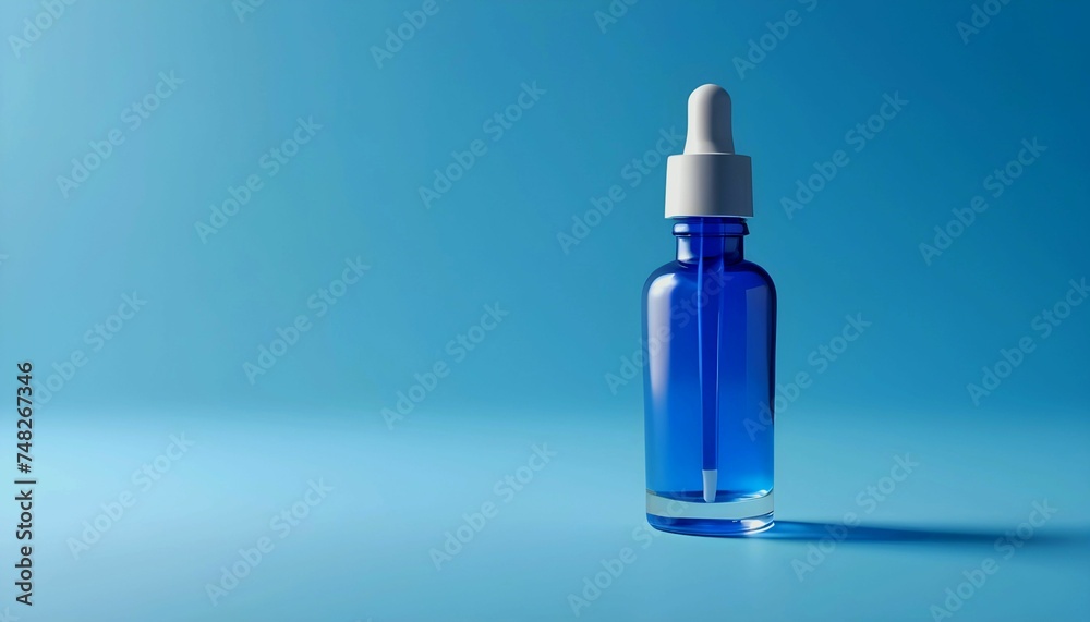 Dropper bottle of serum mockup on an abstract blue background with light and shadows created with generative ai	
