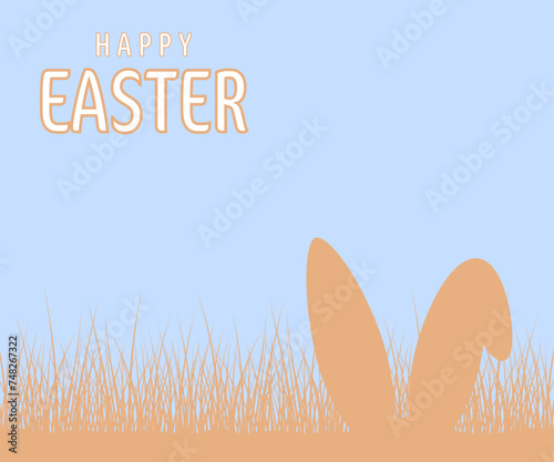 Easter pattern with bunnies and easter eggs. Hand drawn easter horizontal background with bunnies, flowers, easter eggs. photo