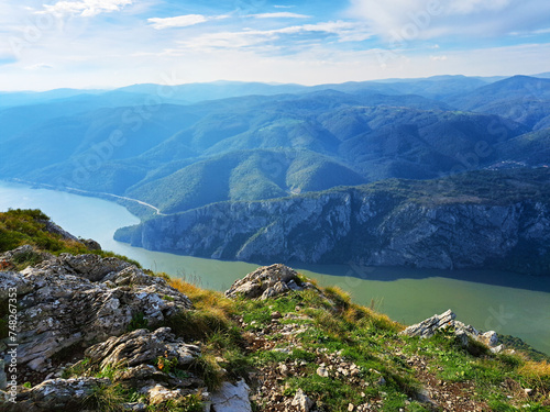 Panoramic landscape view of the Danube view. Photo taken from the east side in national Park Djerdap, on the peak "Veliki Strbac" above the Iron gate