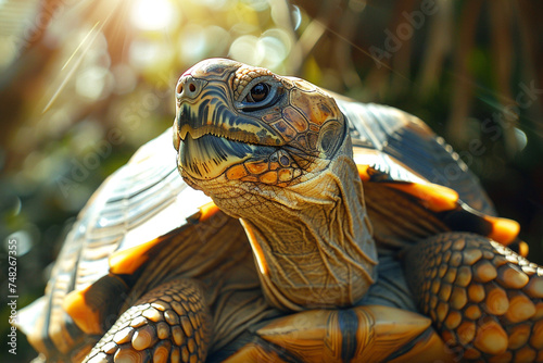 Mellow tortoise basking in the warmth, its intricate shell patterns highlighted by natural sunlight, shot with a Pentax lens. photo