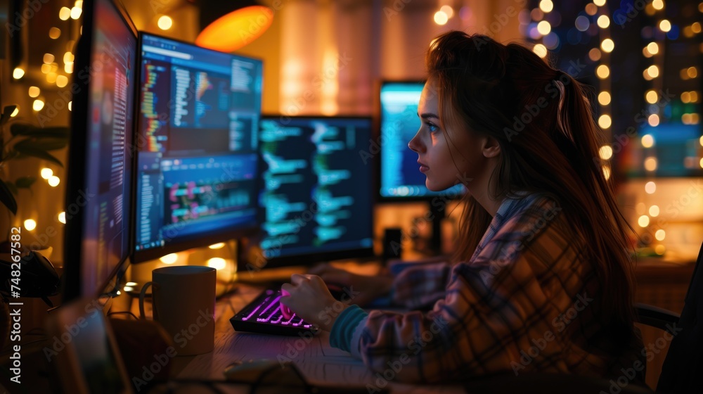 Fototapeta premium Night Coding: Programmer Working Late with Colorful Lights