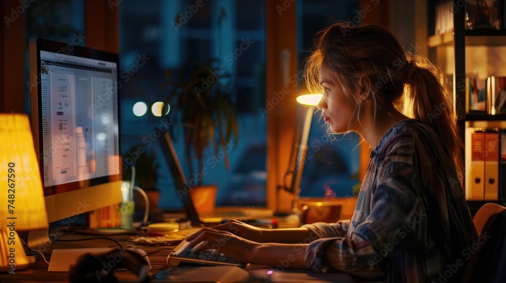  Late Night Work: Woman Coding in Cozy, Illuminated Home Office