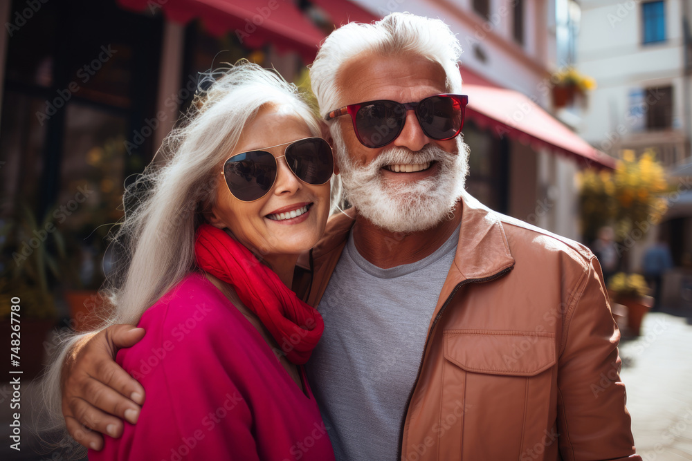 Joyful senior couple in sunglasses embracing outdoors
