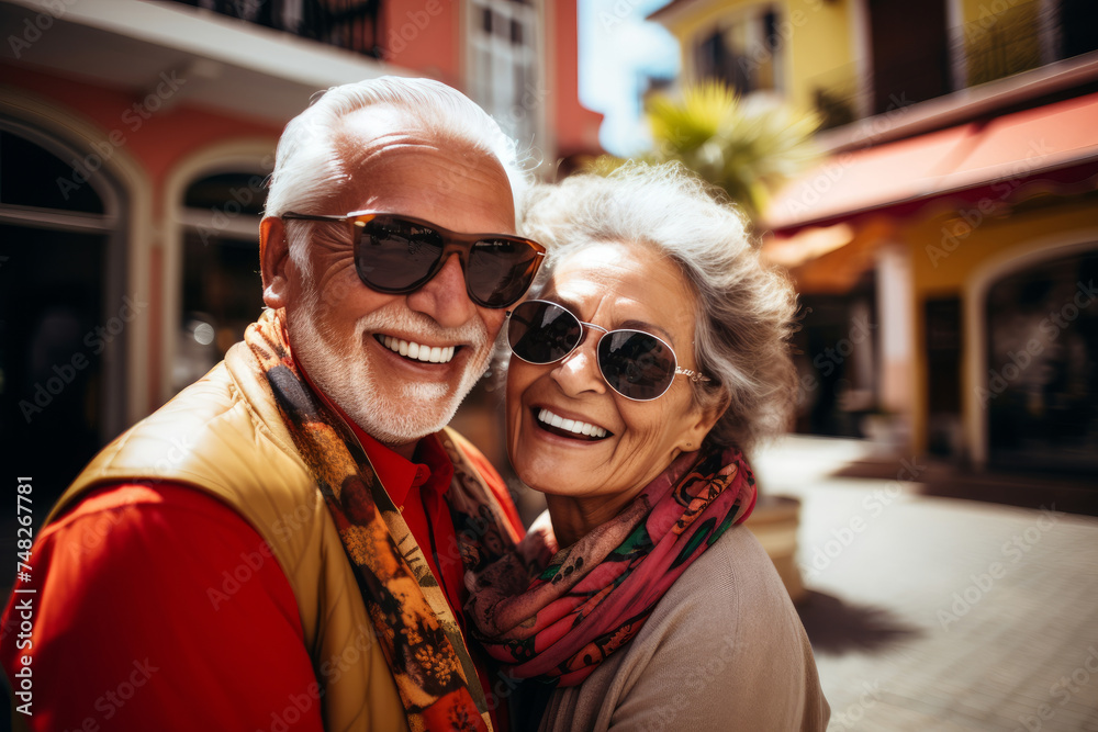 Joyful senior couple in sunglasses embracing outdoors