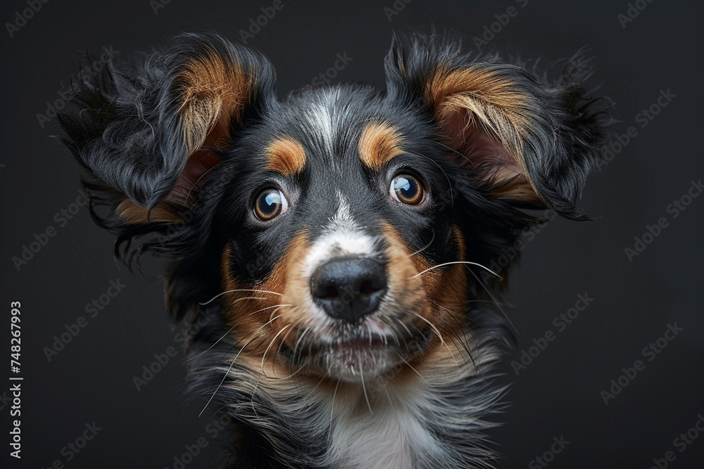 Playful Australian Shepherd puppy with one ear flopped down, exuding charm and energy, photographed with a Tamron lens for crisp details.