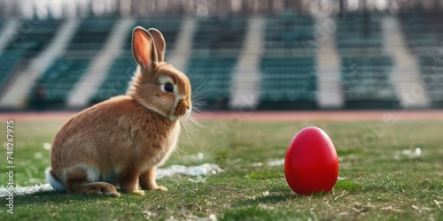 Easter bunny with a red Easter egg at the rugby stadium. Symbol of the Easter holiday. spring time.